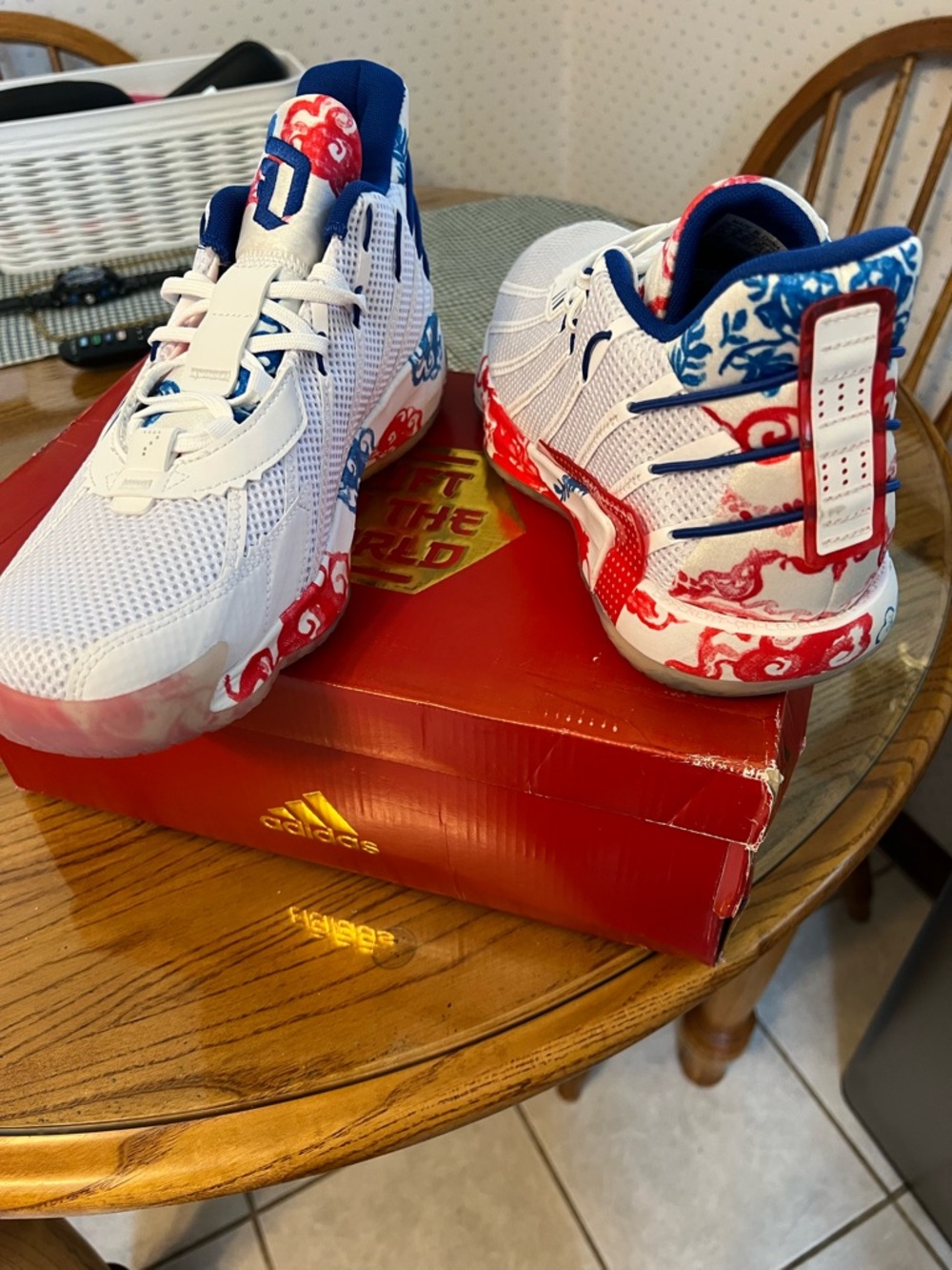 adidas  White, Red & Blue Patterned Basketball Sneakers - Picture 2 of 4